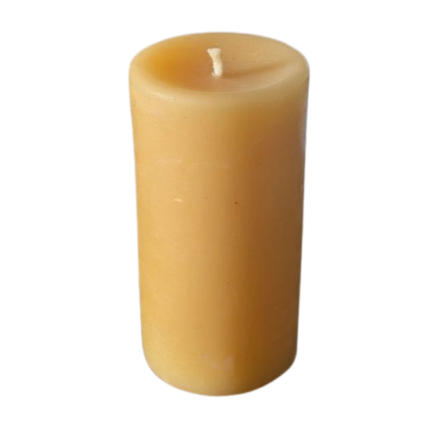A solid beeswax pillar candle, 4.5cm wide and 9cm tall