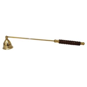 Aluminium and nickel-plated candle snuffer with a 26cm length, carved wood ring detail on the handle, and bell-shaped head.