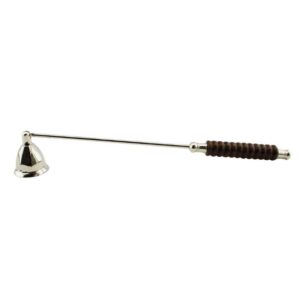 Aluminium and nickel-plated 32cm candle snuffer with a carved wood ring detail on the handle and bell-shaped head.