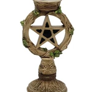 Ornate pentagram tealight holder with vine details and a lit tealight candle, on a white background.
