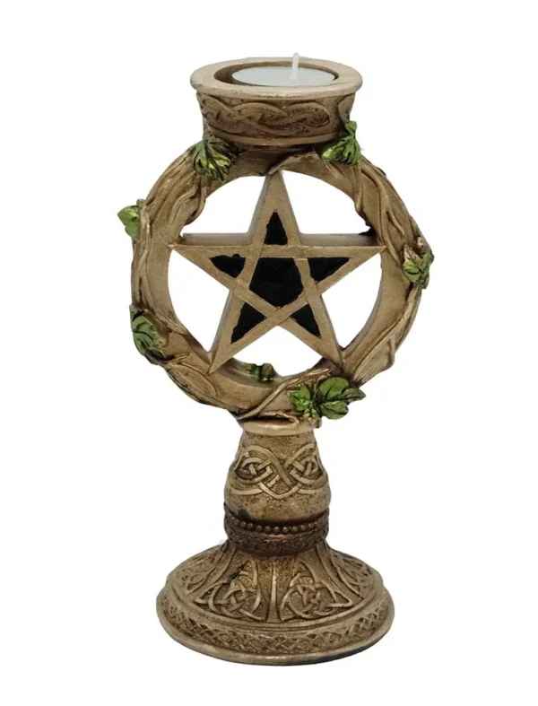 Ornate pentagram tealight holder with vine details and a lit tealight candle, on a white background.