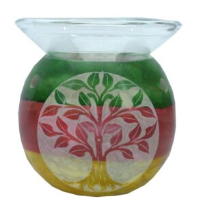 Tree of Life soapstone oil burner with red, green, and yellow color bands and a white Tree of Life carving, designed for essential oils.