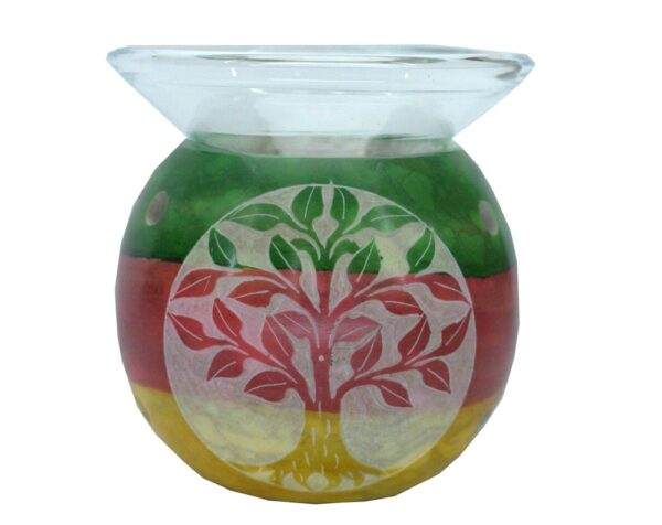 Tree of Life soapstone oil burner with red, green, and yellow color bands and a white Tree of Life carving, designed for essential oils.