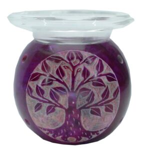 Purple soapstone oil burner with a white Tree of Life carving and a clear glass top dish.