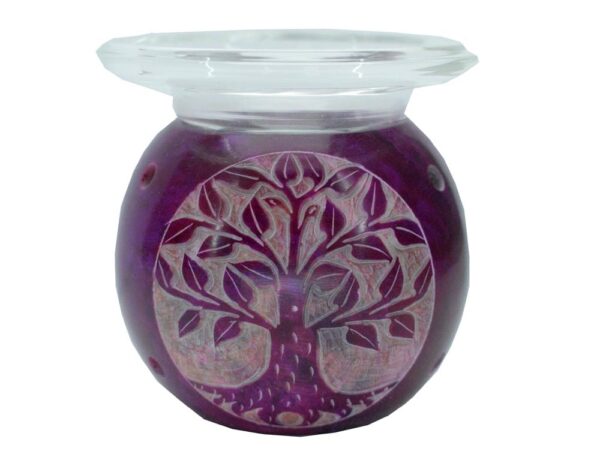 purple-tree-of-life-oil-burner Purple soapstone oil burner with a white Tree of Life carving and a clear glass top dish.