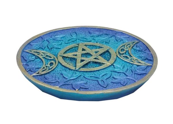 "Blue resin incense holder featuring gold pentagram and Triple Moon design, used for spiritual rituals and incense burning."