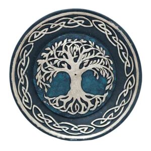 Round incense holder plate featuring Tree of Life design, suitable for cone and stick incense burning
