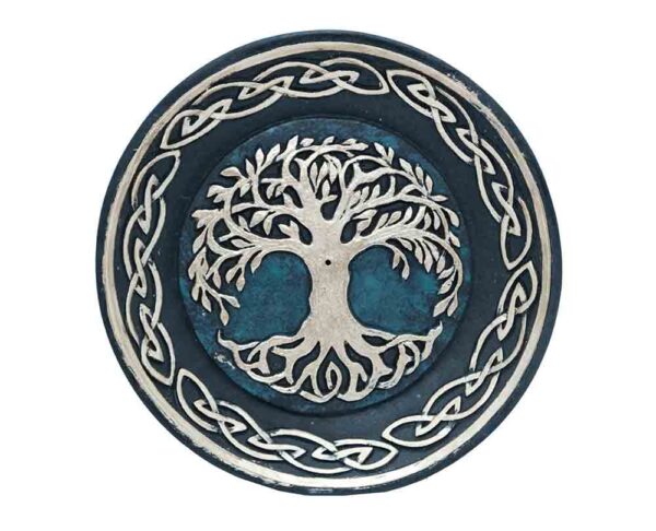 Round incense holder plate featuring Tree of Life design, suitable for cone and stick incense burning